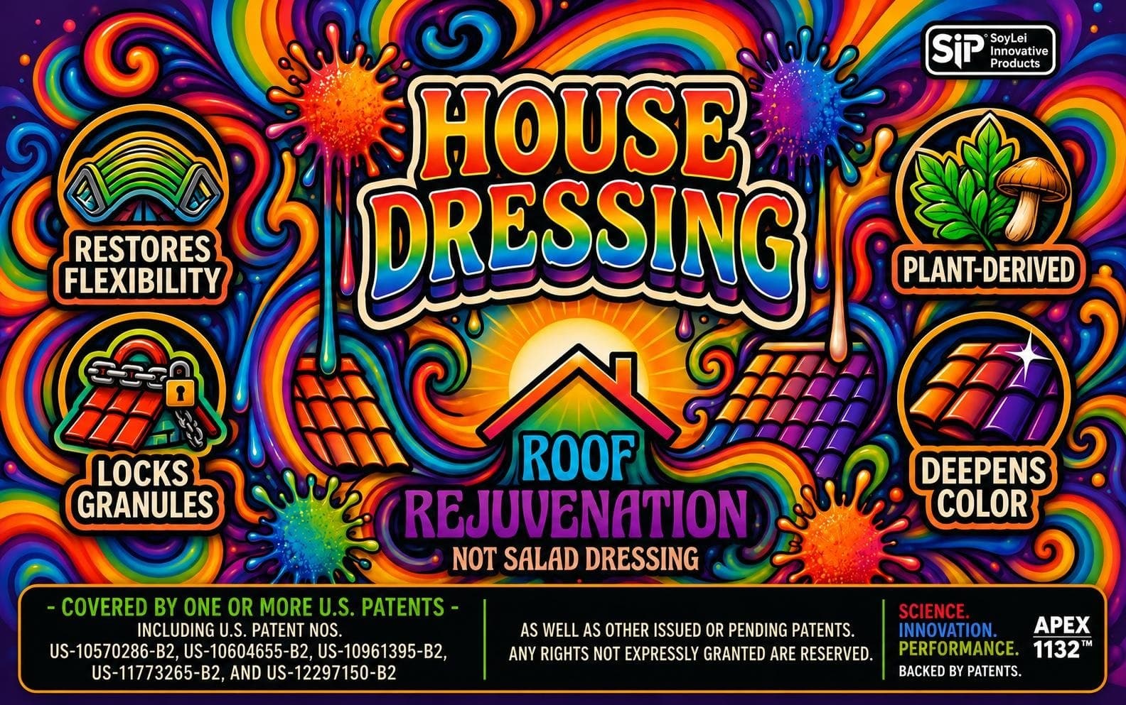 House Dressing label key art with the SoyLei Innovative Products mark, a psychedelic comic-style brand illustration