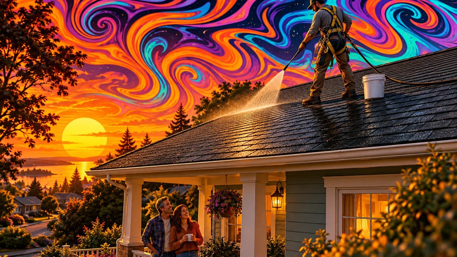 A homeowner couple on their porch watching a technician mist their asphalt shingle roof at sunset