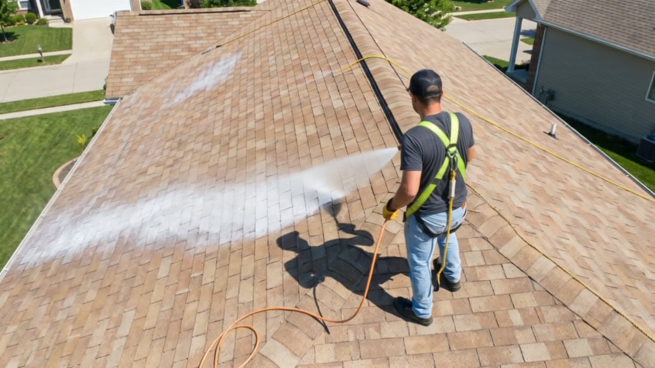 House Dressing being mist-applied across an asphalt shingle roof